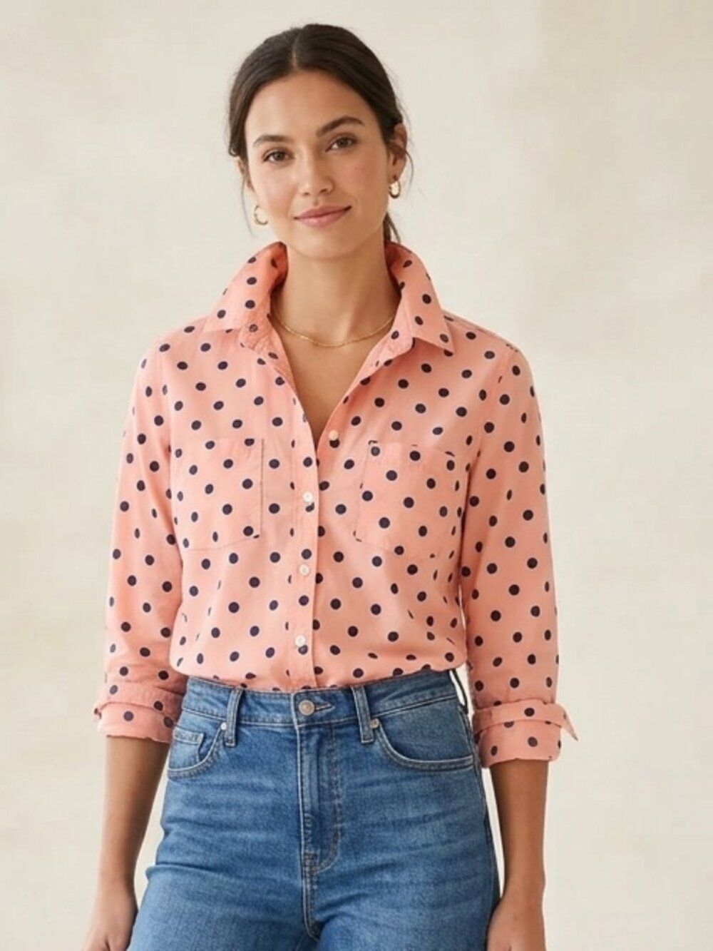 Merona Peach-Pink Button Shirt with Navy Polka Dots Preppy Lightweight- Size M